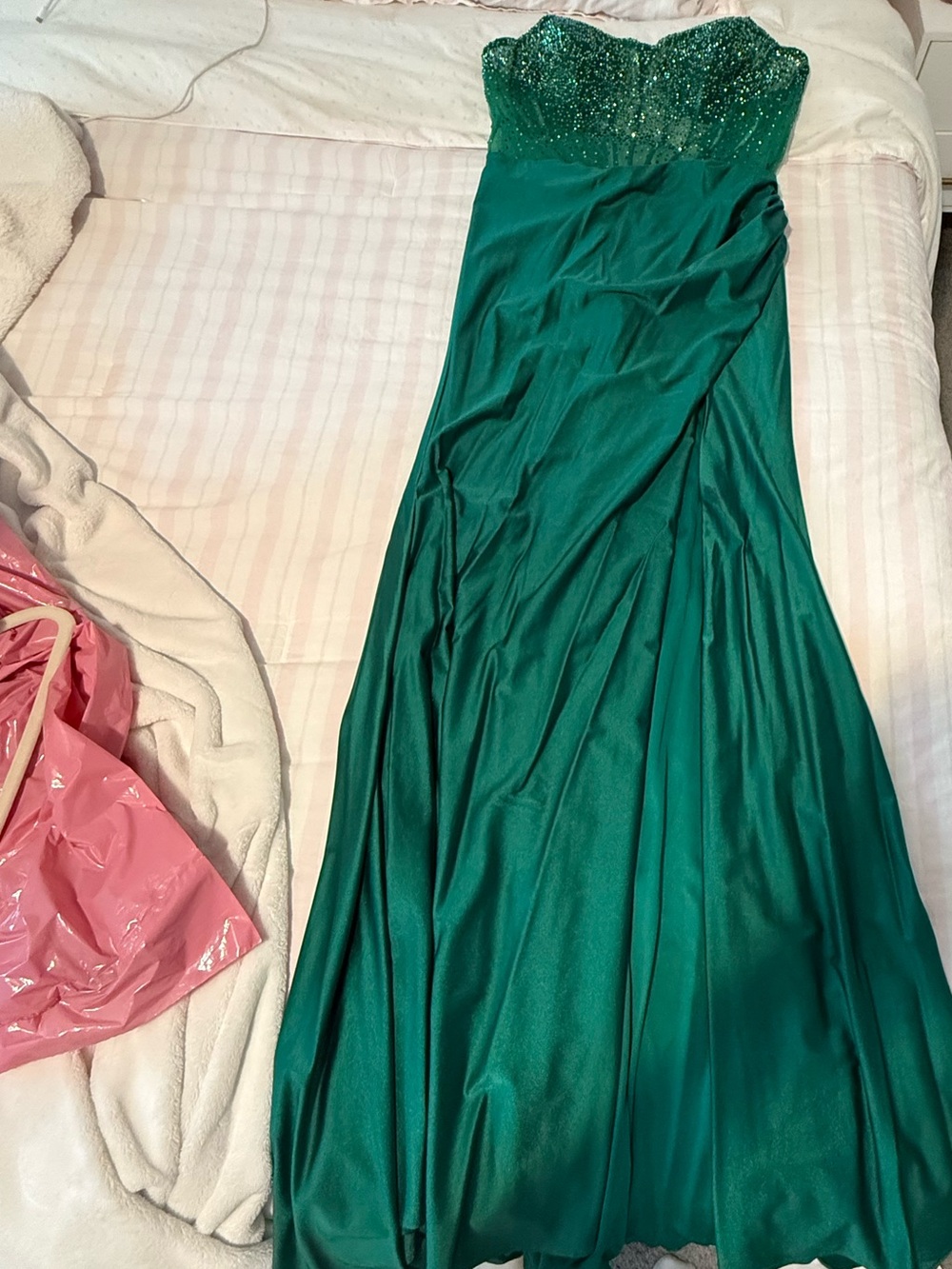 Strapless Green Beaded Prom Gown